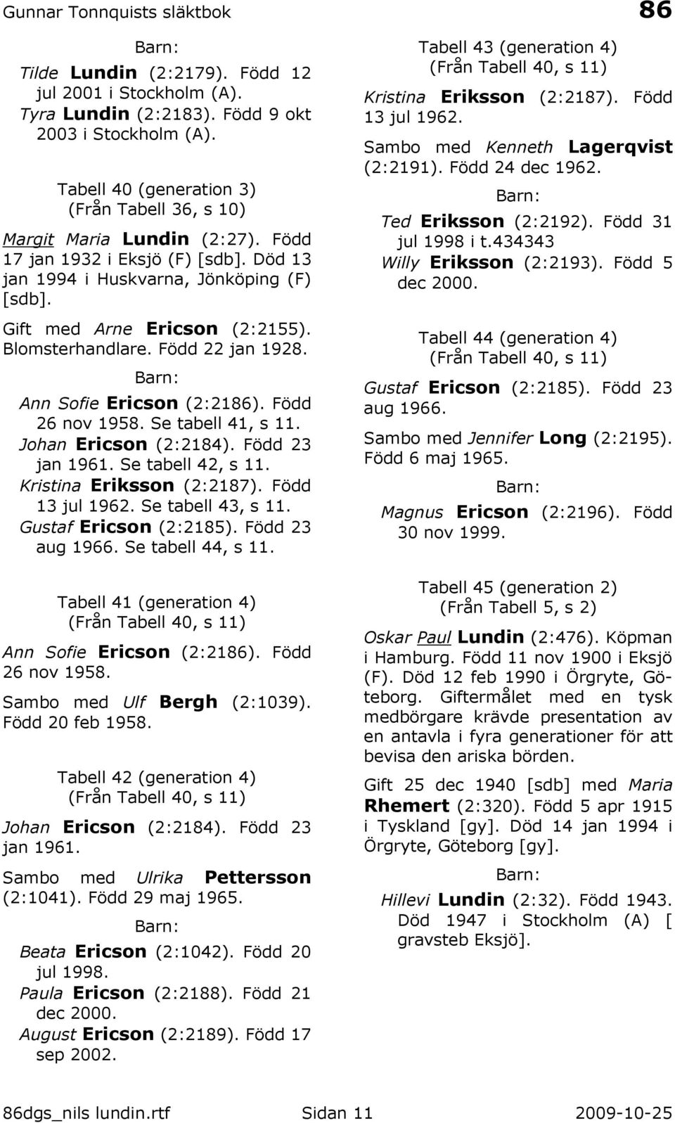 Se tabell 41, s 11. Johan Ericson (2:2184). Född 23 jan 1961. Se tabell 42, s 11. Kristina Eriksson (2:2187). Född 13 jul 1962. Se tabell 43, s 11. Gustaf Ericson (2:2185). Född 23 aug 1966.