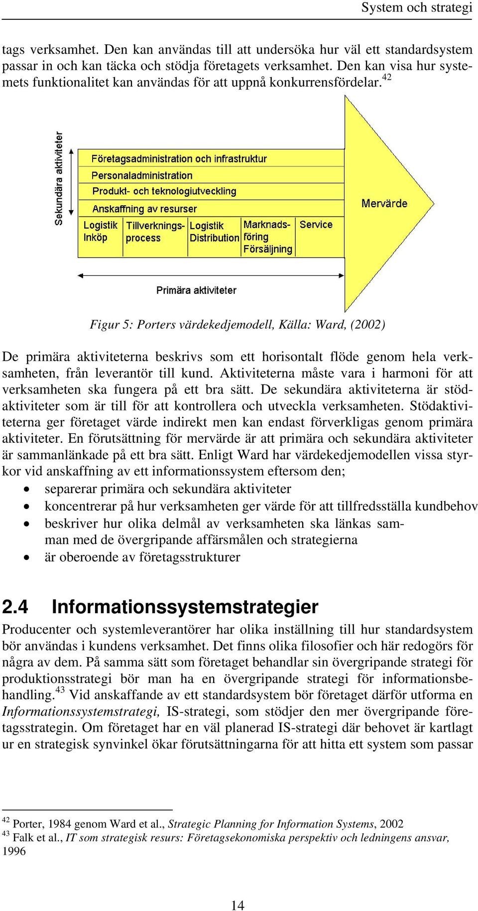 42 Figur 5: Porters värdekedjemodell, Källa: Ward, (2002) De primära aktiviteterna beskrivs som ett horisontalt flöde genom hela verksamheten, från leverantör till kund.