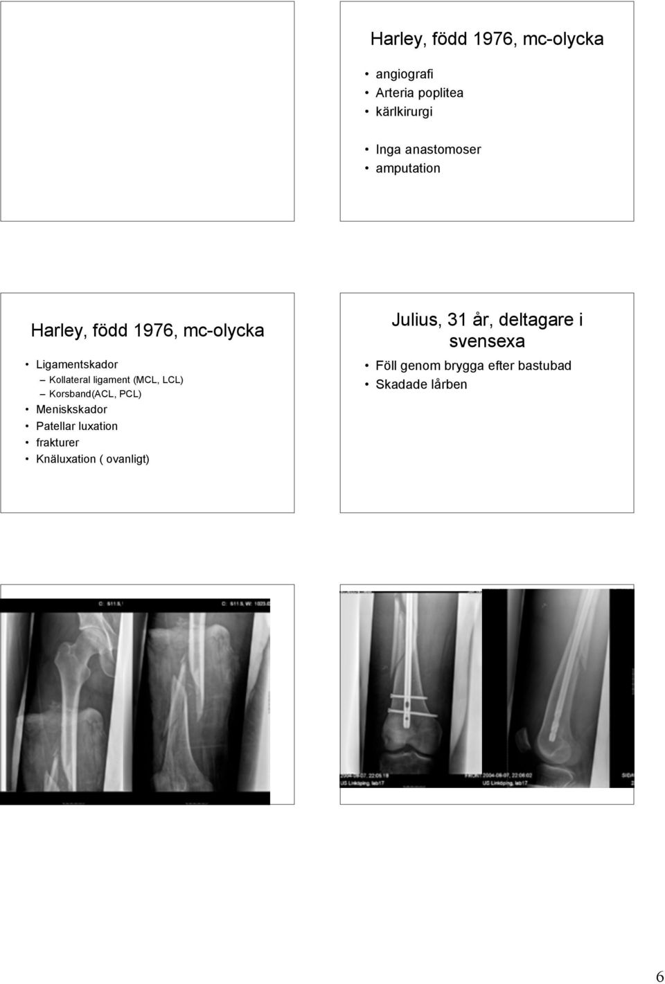 Korsband(ACL, PCL) Meniskskador Patellar luxation frakturer Knäluxation ( ovanligt)