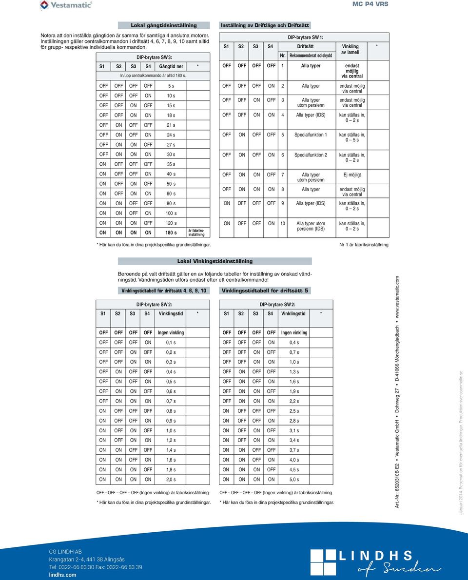 DIP-brytare SW3: S1 S2 S3 S4 Gångtid ner * In/upp centralkommando är alltid 180 s.