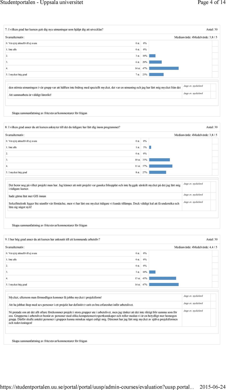 8: I vilken grad anser du att kursen anknyter till det du tidigare har lärt dig inom programmet? Medianvärde: 4Medelvärde: 3,8 / 5 1. Inte alls 1 st. 3% 2. 0 st. 0% 3. 10 st. 33% 4. 11 st. 37% 5.