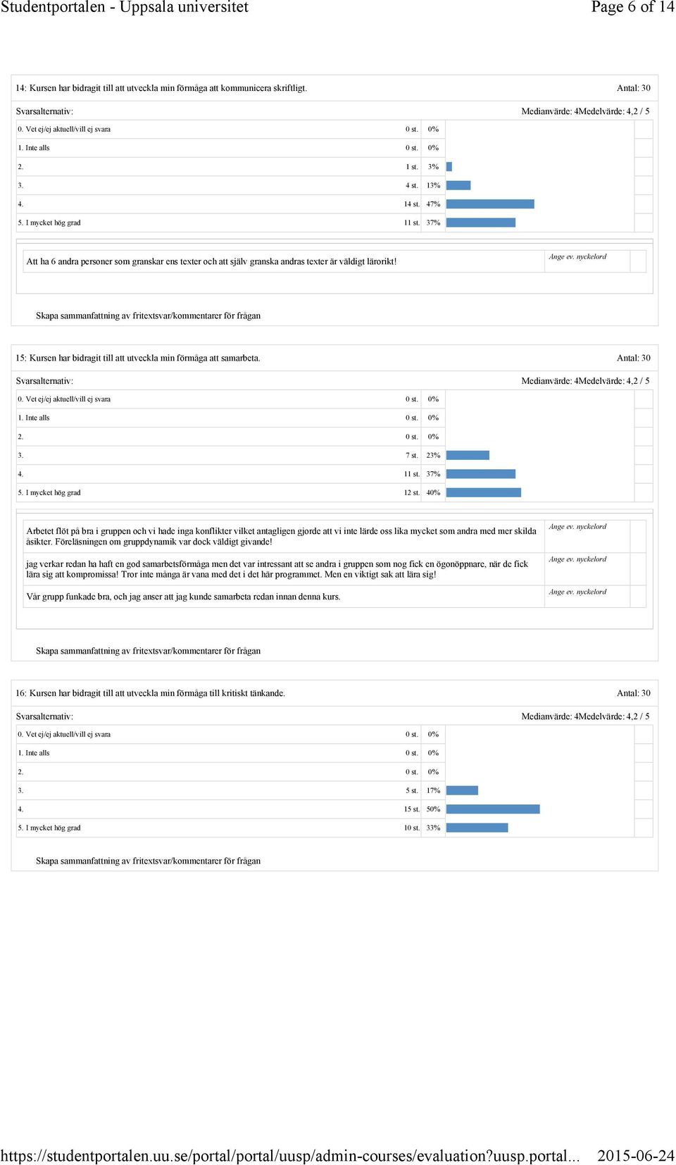 Medianvärde: 4Medelvärde: 4,2 / 5 2. 0 st. 0% 3. 7 st. 23% 4. 11 st. 37% 5. I mycket hög grad 12 st.