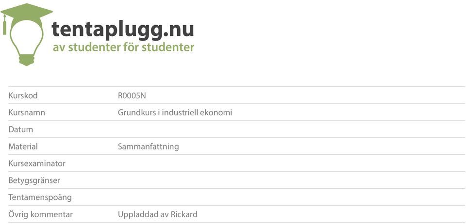 R0005N Grundkurs i industriell ekonomi Datum