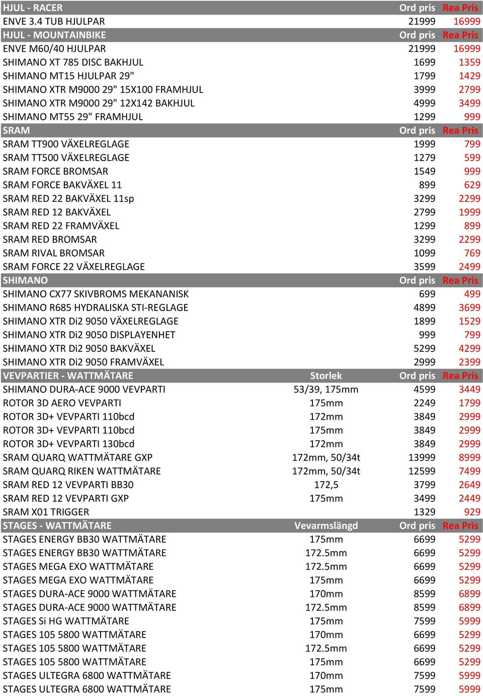 SHIMANO XTR M9000 29" 12X142 BAKHJUL 4999 3499 SHIMANO MT55 29" FRAMHJUL 1299 999 SRAM SRAM TT900 VÄXELREGLAGE 1999 799 SRAM TT500 VÄXELREGLAGE 1279 599 SRAM FORCE BROMSAR 1549 999 SRAM FORCE