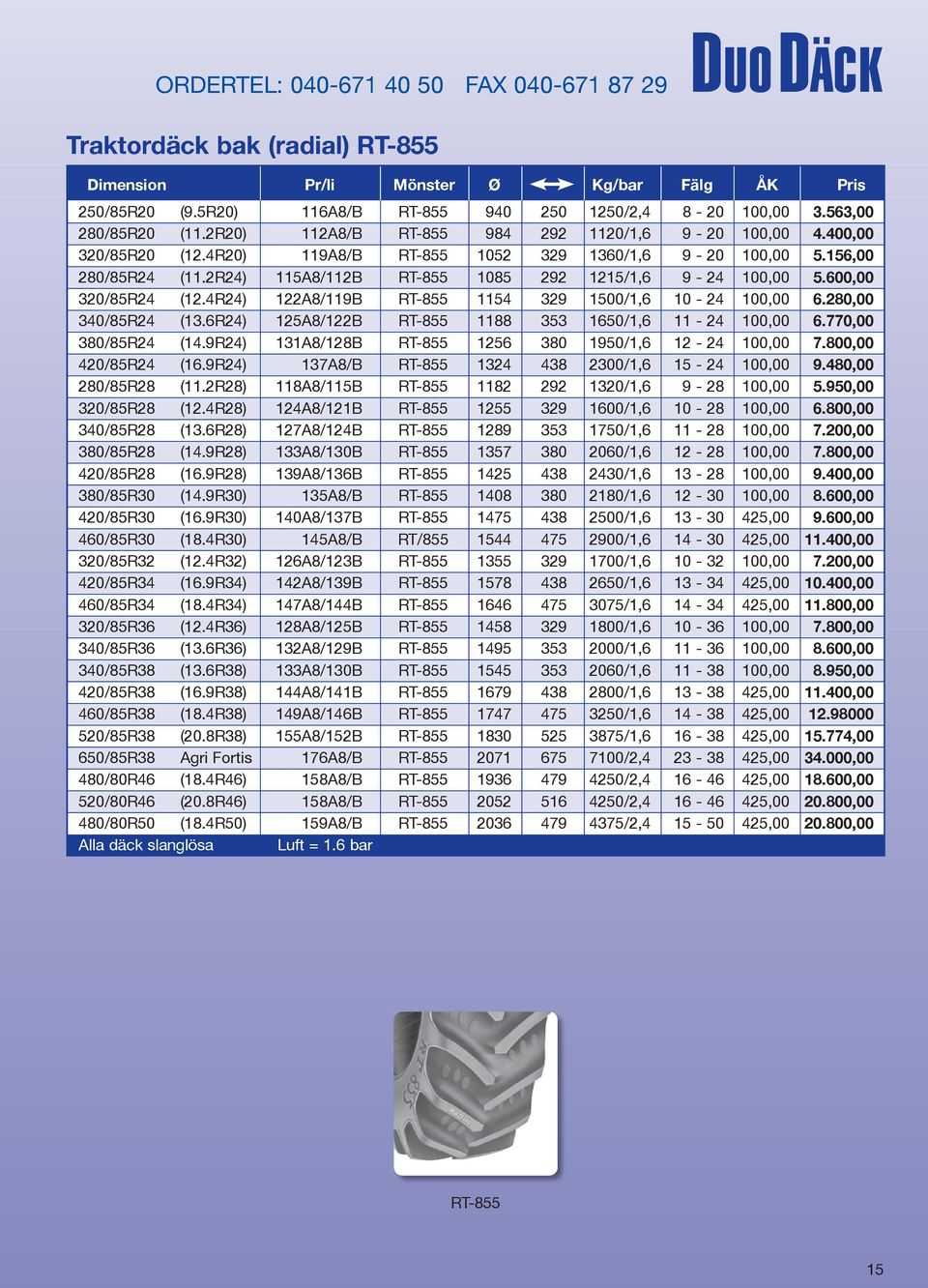 2R24) 115A8/112B RT-855 1085 292 1215/1,6 9-24 100,00 5.600,00 320/85R24 (12.4R24) 122A8/119B RT-855 1154 329 1500/1,6 10-24 100,00 6.280,00 340/85R24 (13.