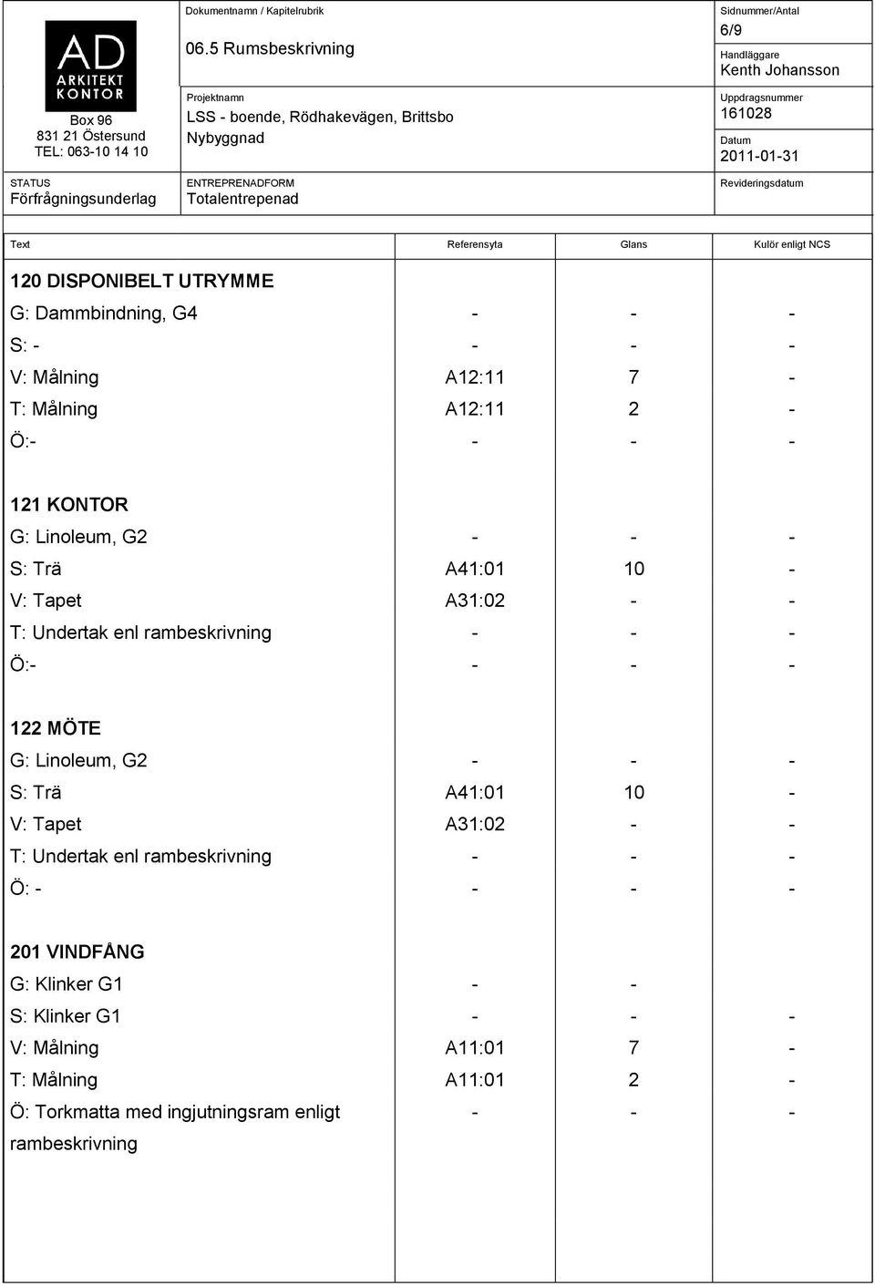 rambeskrivning Ö: 122 MÖTE G: Linoleum, G2 S: Trä A41:01 10 V: Tapet A31:02 T: Undertak enl rambeskrivning Ö: 201