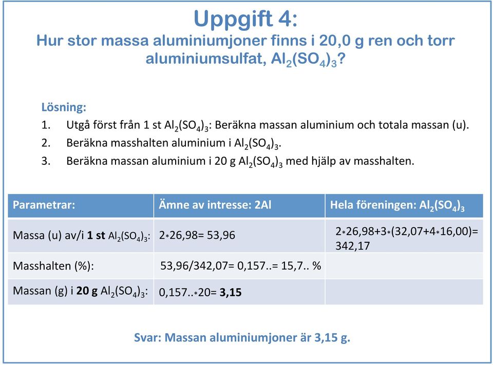 Parametrar: Ämne av intresse: 2Al Hela föreningen: Al 2 (SO 4 ) 3 Massa (u) av/i 1 st Al 2 (SO 4 ) 3 : Masshalten (%): Massan (g) i 20 g Al 2 (SO 4 ) 3 : 2