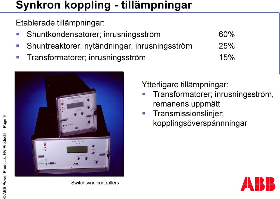 inrusningsström 25% Transformatorer; inrusningsström 15% Ytterligare tillämpningar: