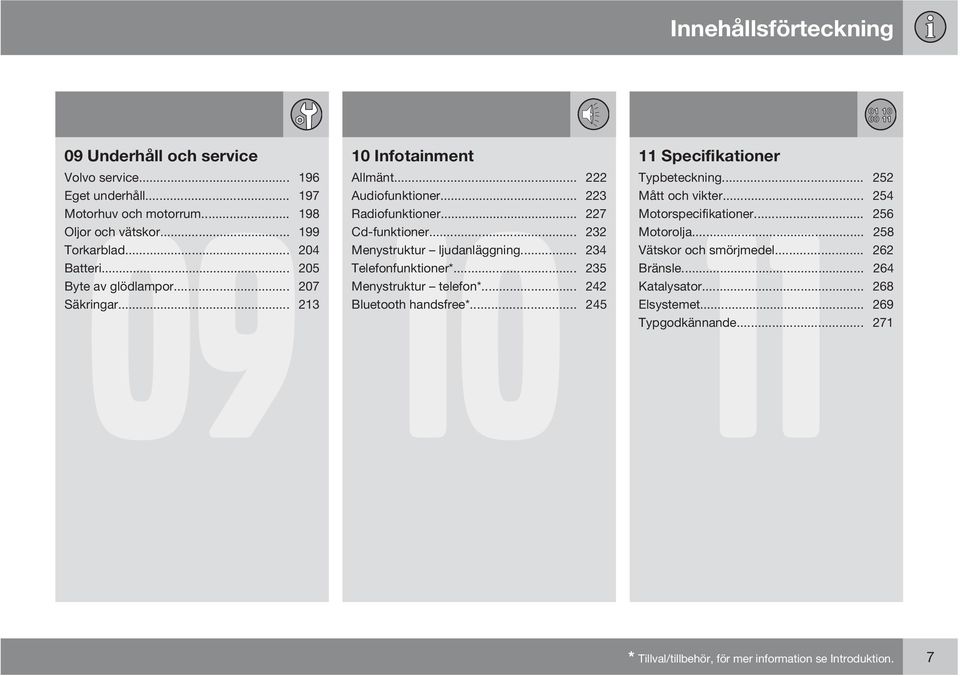 .. 234 Telefonfunktioner*... 235 Menystruktur telefon*... 242 Bluetooth handsfree*... 245 11 Specifikationer 11 Typbeteckning... 252 Mått och vikter... 254 Motorspecifikationer.