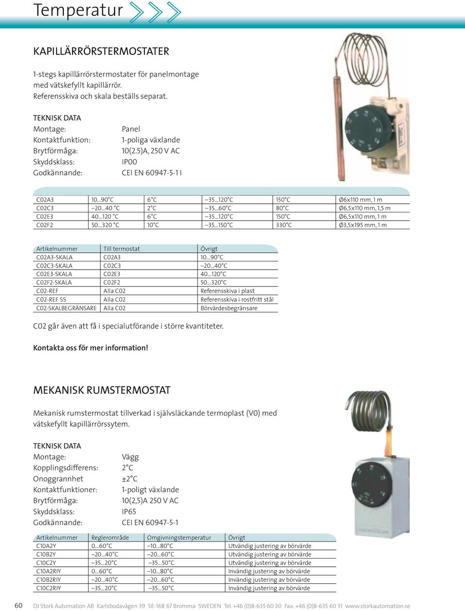 5)A, 250 V AC IP00 CEI EN 60947-5-1 I Reglerområde Kopplingsdifferens Omgivningstemperatur Max Bulbtemperatur Kapilärrörsdimension C02A3 10 90 C 6 C 35 120 C 150 C Ø6x110 mm, 1 m C02C3 20 40 C 2 C 35