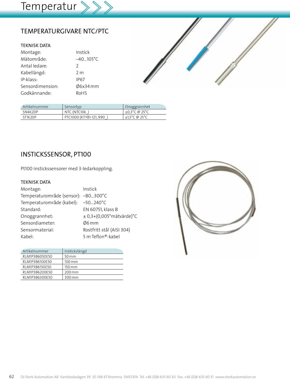 Temperaturområde (sensor): 80 300 C Temperaturområde (kabel): 50 240 C Standard: EN 60751, klass B ± 0,3+(0,005*mätvärde) C Sensordiameter: Ø6 mm