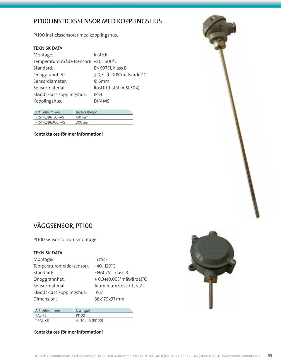 Skyddsklass kopplingshus: IP54 Kopplingshus: DIN MS RTS1PL3B6150--AS RTS1PL3B6300--AS slängd 150 mm 300 mm VÄGGSENSOR, Pt100 Pt100 sensor för rumsmontage