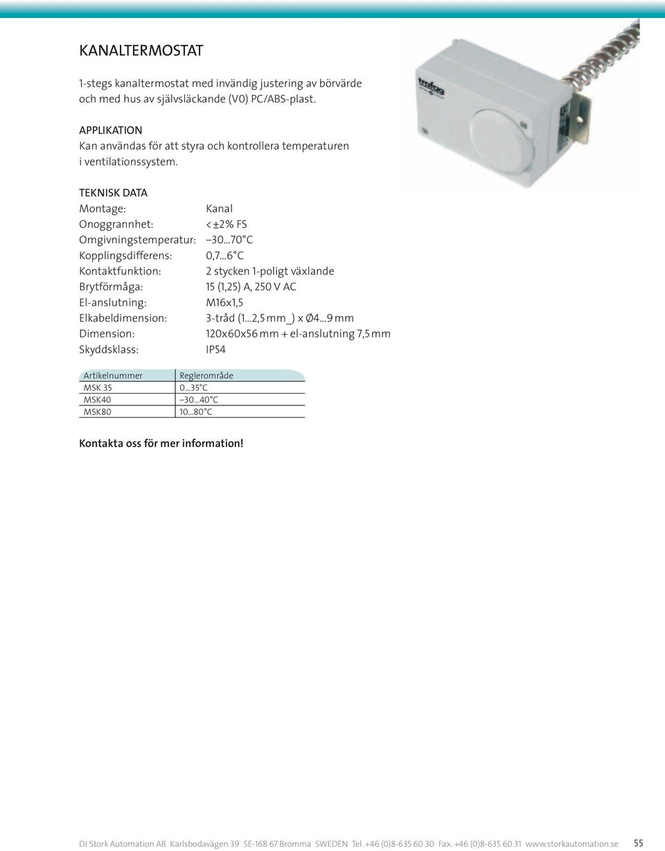 teknisk data Omgivningstemperatur: Kopplingsdifferens: Kontaktfunktion: El-anslutning: Elkabeldimension: Dimension: Kanal < ±2 % FS