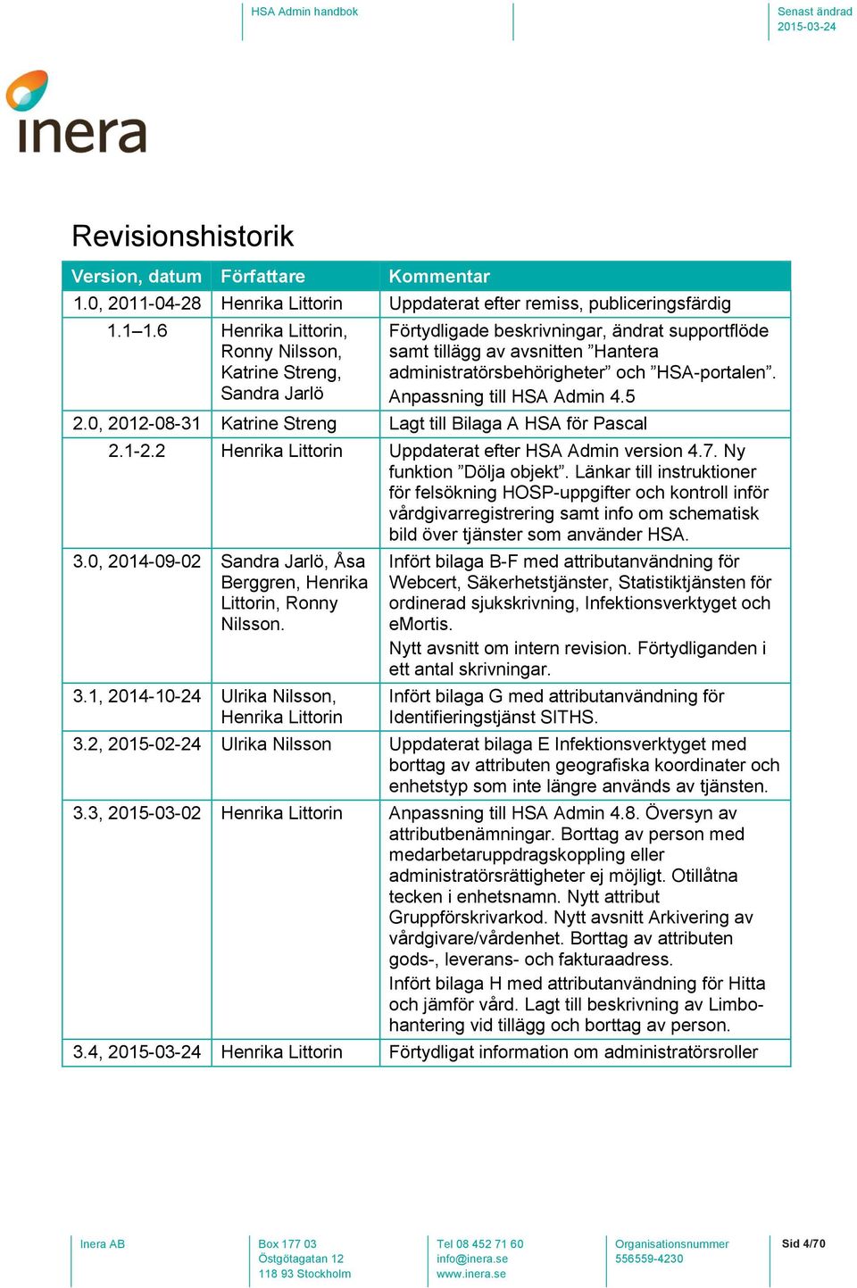 Anpassning till HSA Admin 4.5 2.0, 2012-08-31 Katrine Streng Lagt till Bilaga A HSA för Pascal 2.1-2.2 Henrika Littorin Uppdaterat efter HSA Admin version 4.7. Ny funktion Dölja objekt.