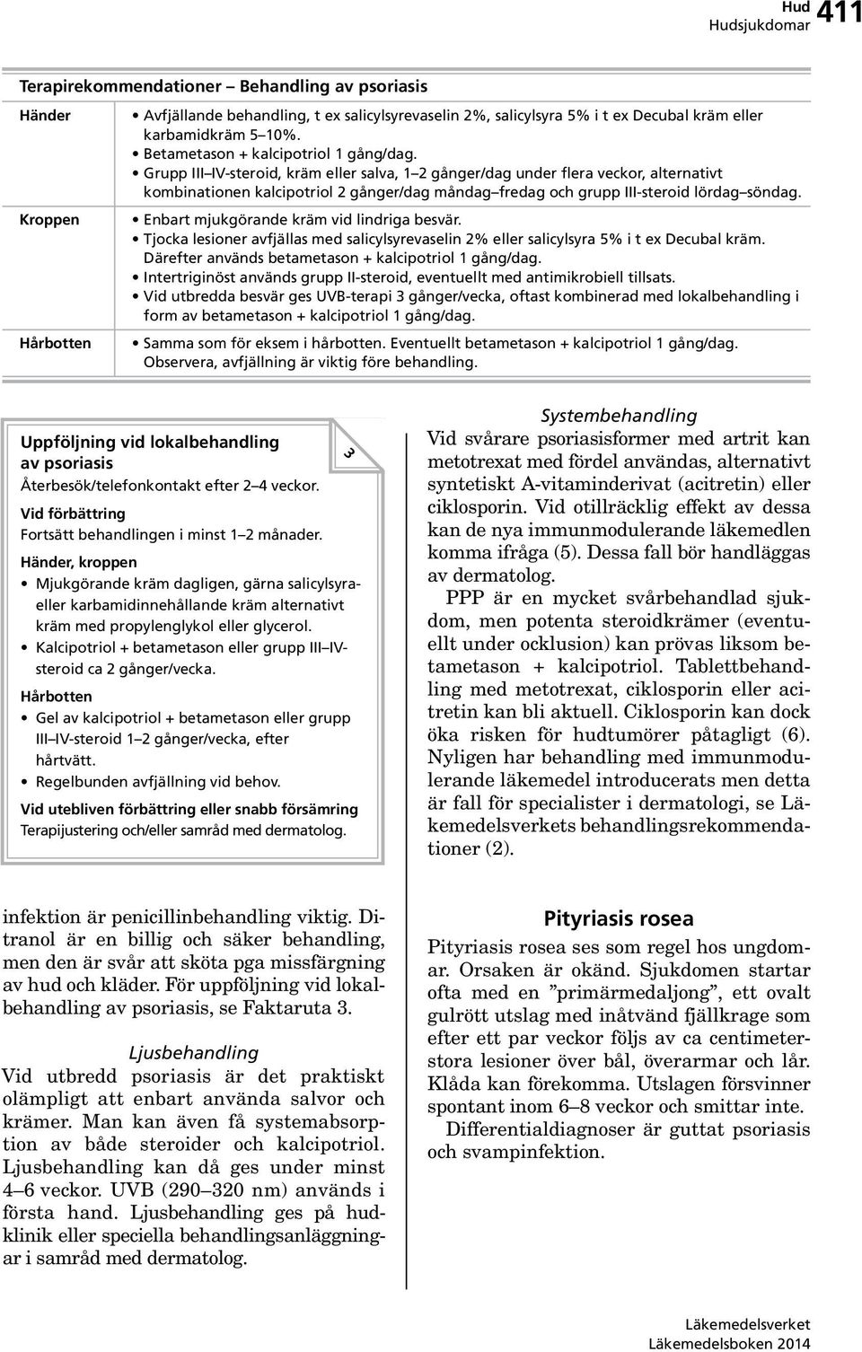 Grupp III IV-steroid, kräm eller salva, 1 2 gånger/dag under flera veckor, alternativt kombinationen kalcipotriol 2 gånger/dag måndag fredag och grupp III-steroid lördag söndag.