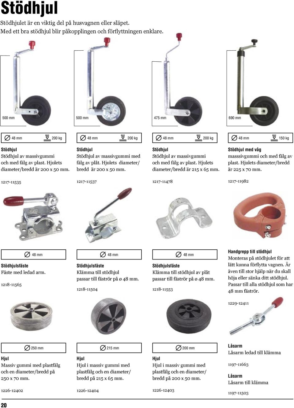 Stödhjul Stödhjul av massivgummi med fälg av plåt. Hjulets diameter/ bredd är 200 x 50 mm. Stödhjul Stödhjul av massivgummi och med fälg av plast. Hjulets diameter/bredd är 215 x 65 mm.