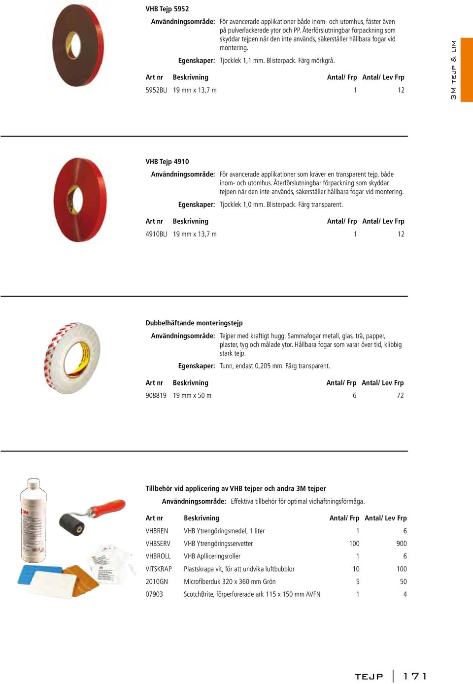 5952BLI 19 mm x 13,7 m 1 12 3M tejp & lim VHB Tejp 4910 Användningsområde: För avancerade applikationer som kräver en transparent tejp, både inom- och utomhus.