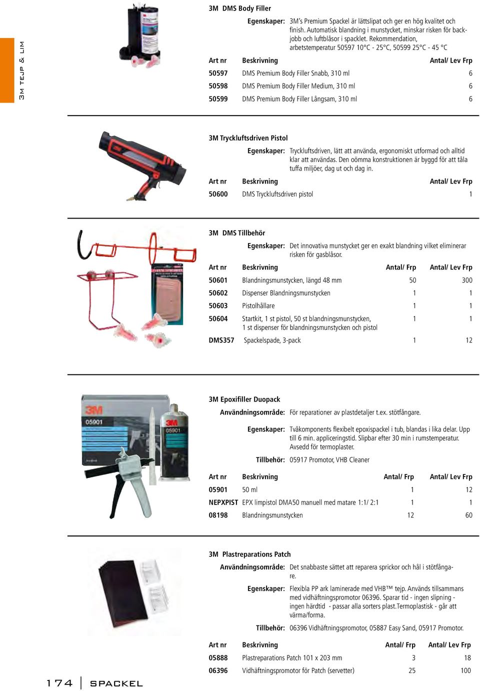 Rekommendation, arbetstemperatur 50597 10 C - 25 C, 50599 25 C - 45 C 50597 DMS Premium Body Filler Snabb, 310 ml 6 50598 DMS Premium Body Filler Medium, 310 ml 6 50599 DMS Premium Body Filler