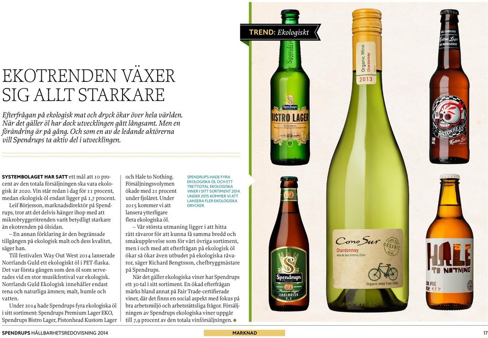 Vin står redan i dag för 11 procent, medan ekologisk öl endast ligger på 1,7 procent.