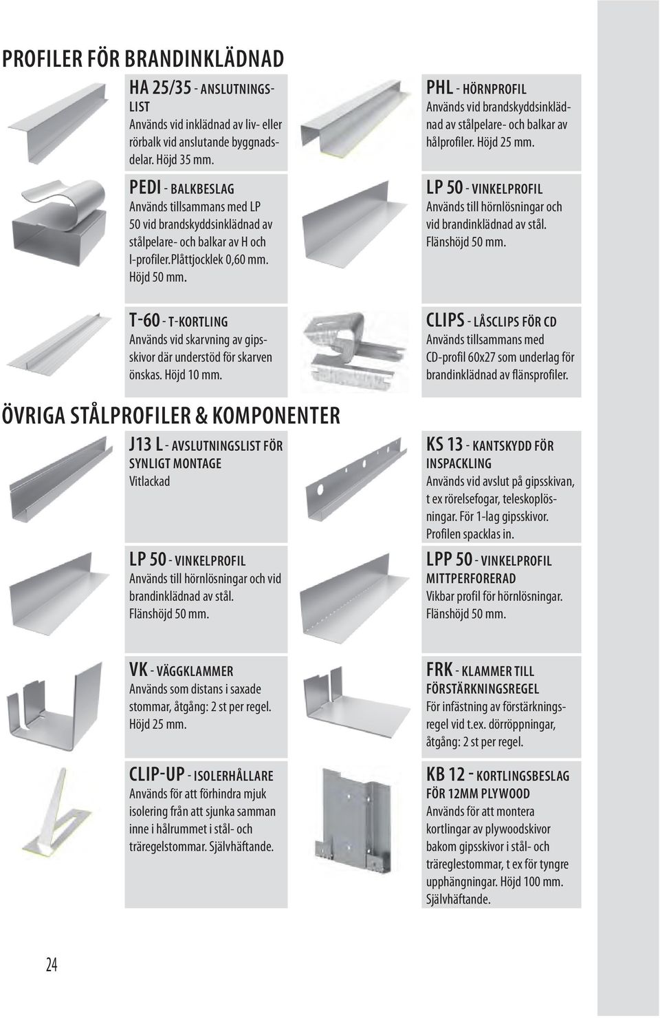 PHL - HÖRNPROFIL Används vid brandskyddsinklädnad av stålpelare- och balkar av hålprofiler. Höjd 25 mm. LP 50 - VINKELPROFIL Används till hörnlösningar och vid brandinklädnad av stål. Flänshöjd 50 mm.
