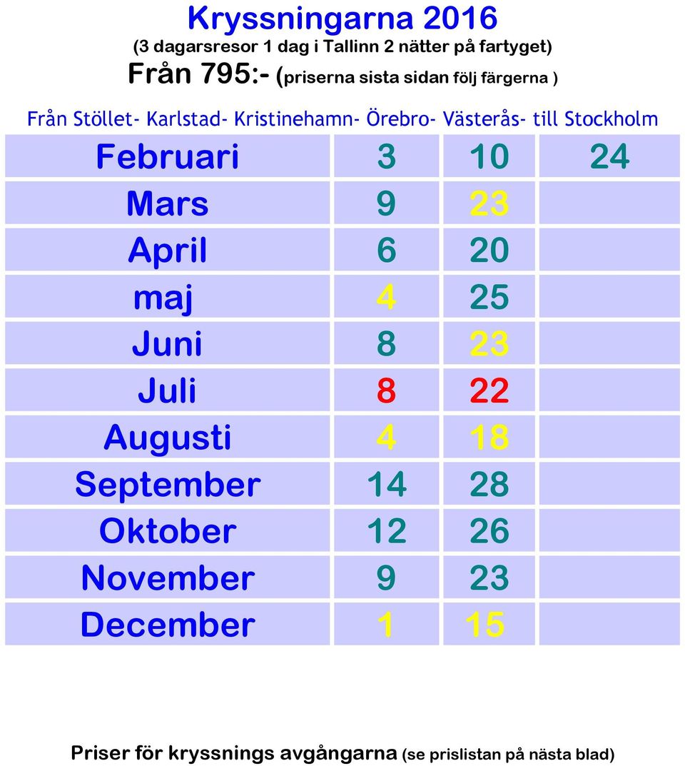 Stockholm Februari 3 10 24 Mars 9 23 April 6 20 maj 4 25 Juni 8 23 Juli 8 22 Augusti 4 18