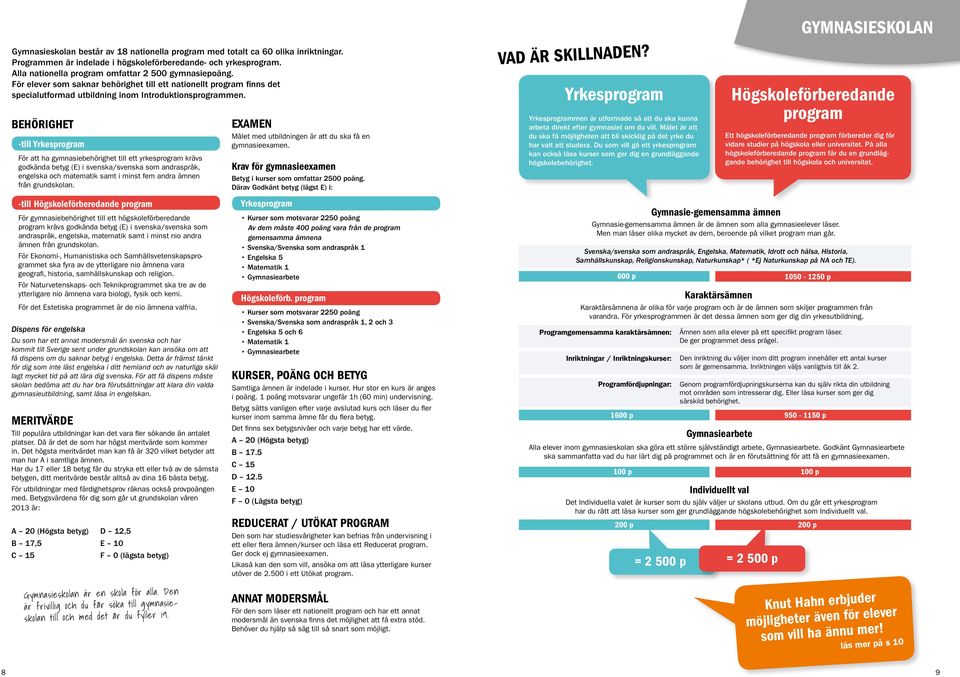 Behörighet -till Yrkesprogram För att ha gymnasiebehörighet till ett yrkesprogram krävs godkända betyg (E) i svenska/svenska som andraspråk, engelska och matematik samt i minst fem andra ämnen från