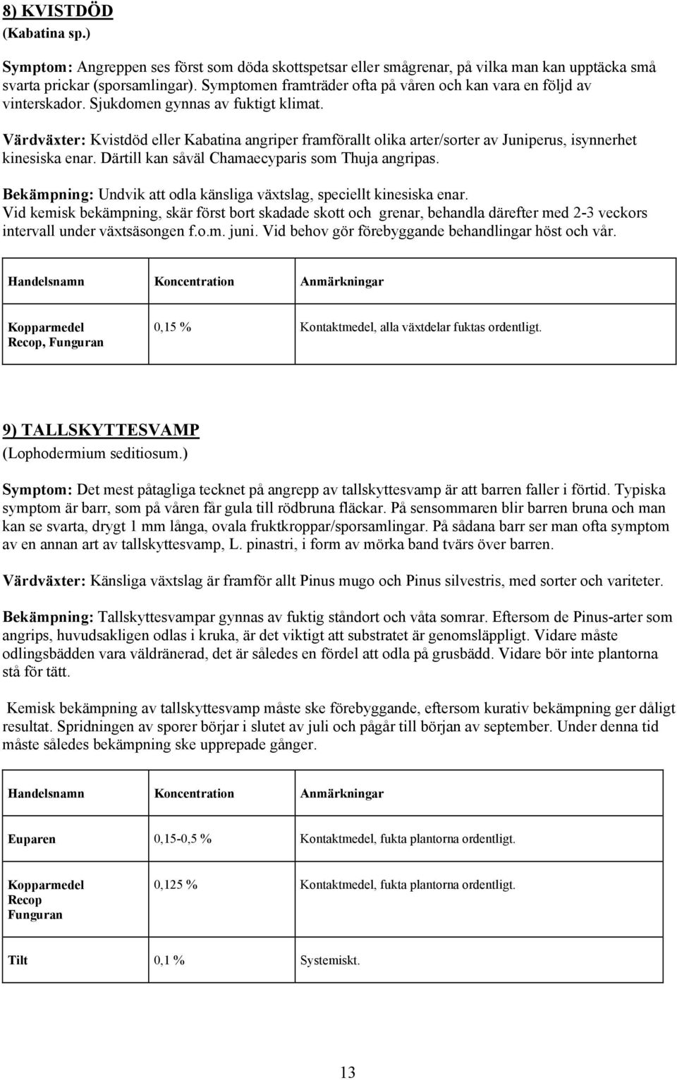 Värdväxter: Kvistdöd eller Kabatina angriper framförallt olika arter/sorter av Juniperus, isynnerhet kinesiska enar. Därtill kan såväl Chamaecyparis som Thuja angripas.