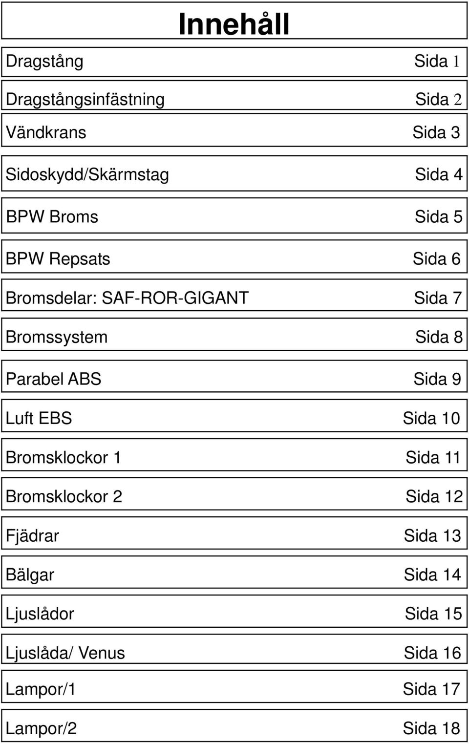 8 Parabel ABS Sida 9 Luft EBS Sida 10 Bromsklockor 1 Sida 11 Bromsklockor 2 Sida 12 Fjädrar