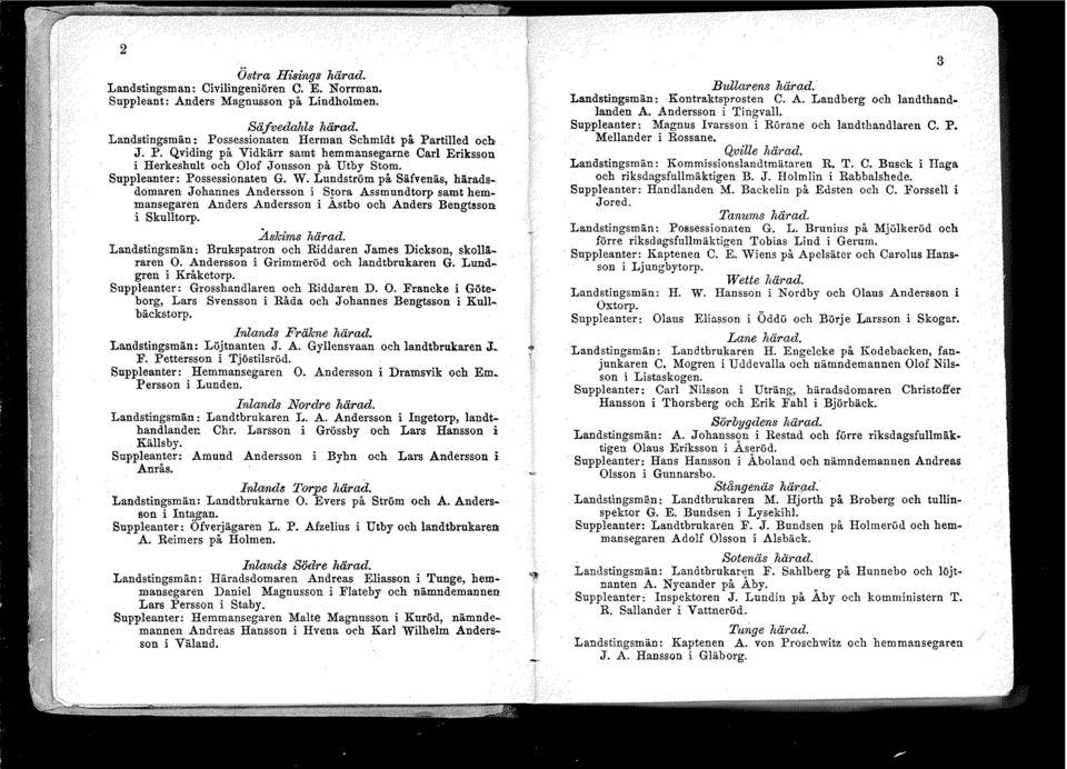 Lundström på Säfvenäs, häradsdomaren Johannes Andersson i Spora Assmundtorp samt hemmansegaren Anders Andersson i Astbo och Anders Bengtsson i Skulltorp. Å81cims härad.