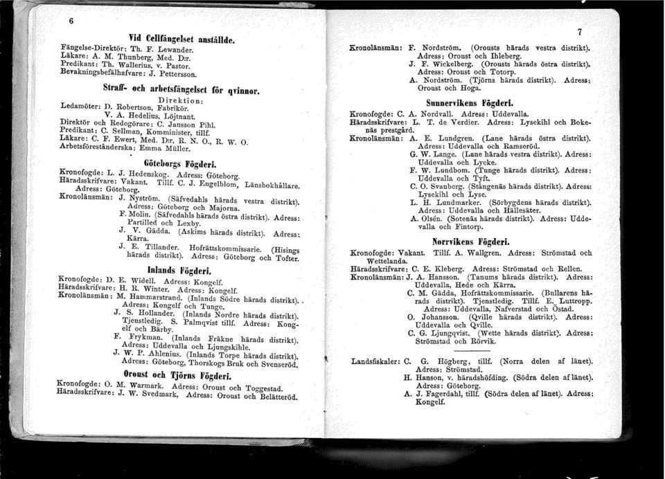 Läkare: C. F. Ewert, Med. D:r, R. N. O., R. W. O. Arbetsförestånderska: Emma Miiller. Göteborgs JI'ögderi. Kronofogde: L. J. Hedenskog. Adress: Göteborg. Häradsskrifvare: Vakant. Tillf. C. J. Engelblom, Länsbokhållare.