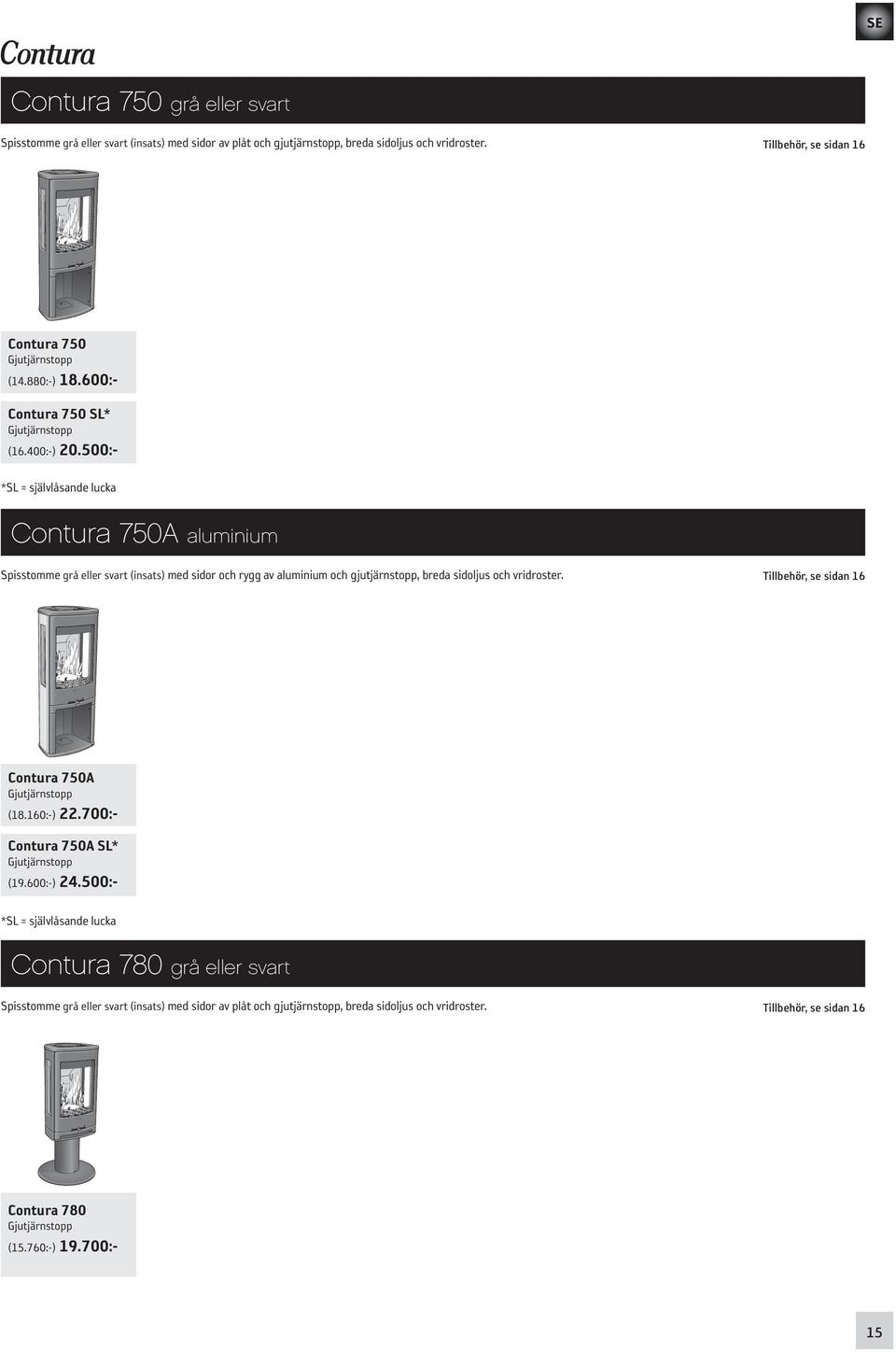 500: *SL = självlåsande lucka Contura 750A aluminium Spisstomme grå eller svart (insats) med sidor och rygg av aluminium och gjutjärnstopp, breda sidoljus och vridroster.