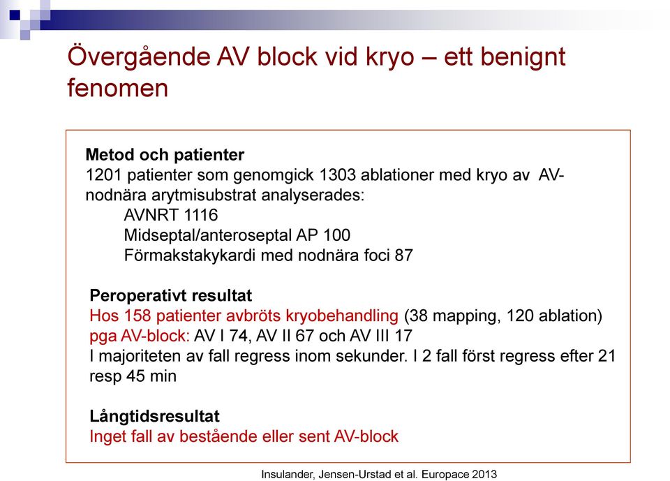 patienter avbröts kryobehandling (38 mapping, 120 ablation) pga AV-block: AV I 74, AV II 67 och AV III 17 I majoriteten av fall regress inom