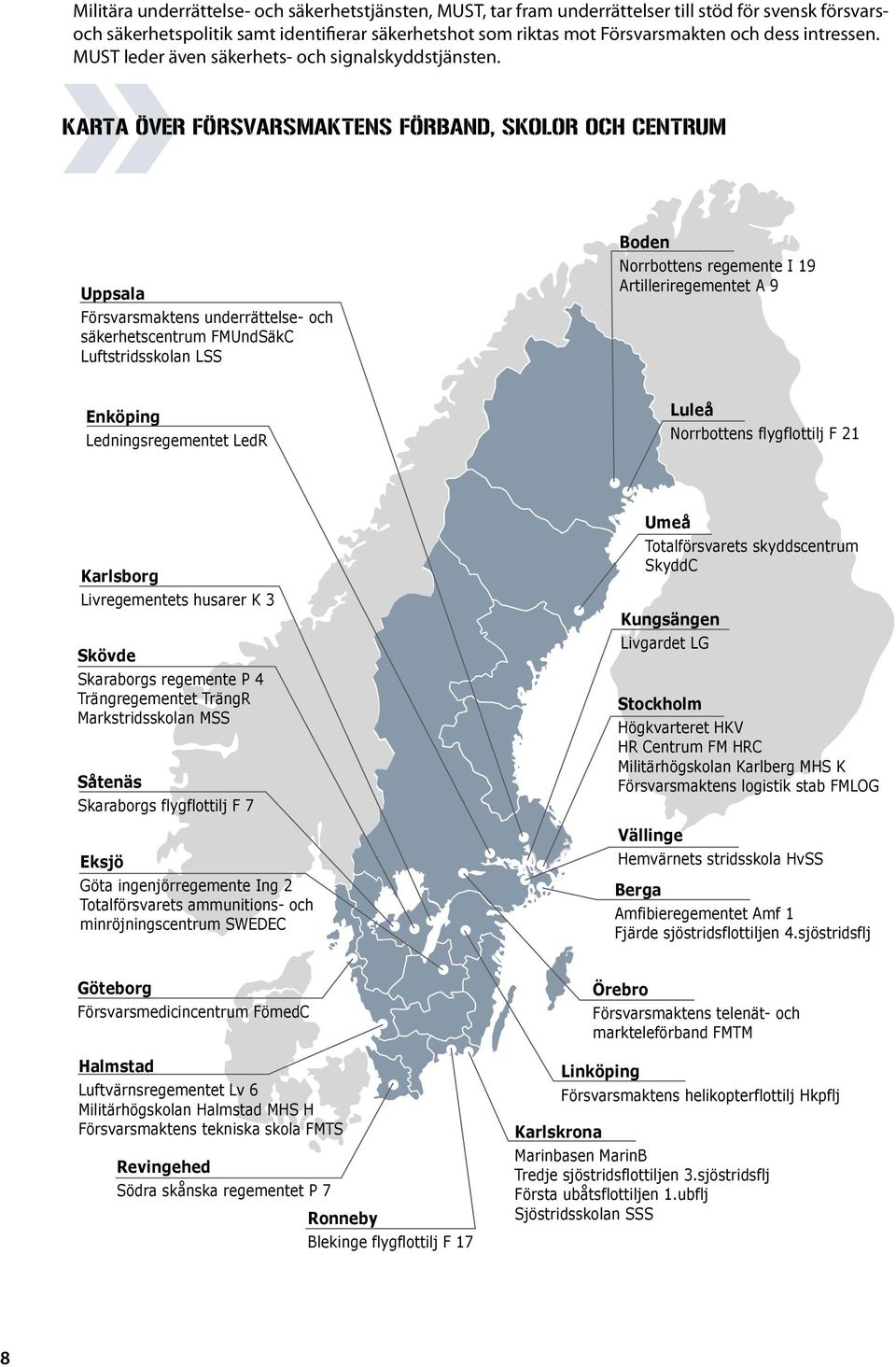 Karta över Försvarsmaktens förband, skolor och centrum Uppsala Försvarsmaktens underrättelse- och säkerhetscentrum FMUndSäkC Luftstridsskolan LSS Boden Norrbottens regemente I 19 Artilleriregementet