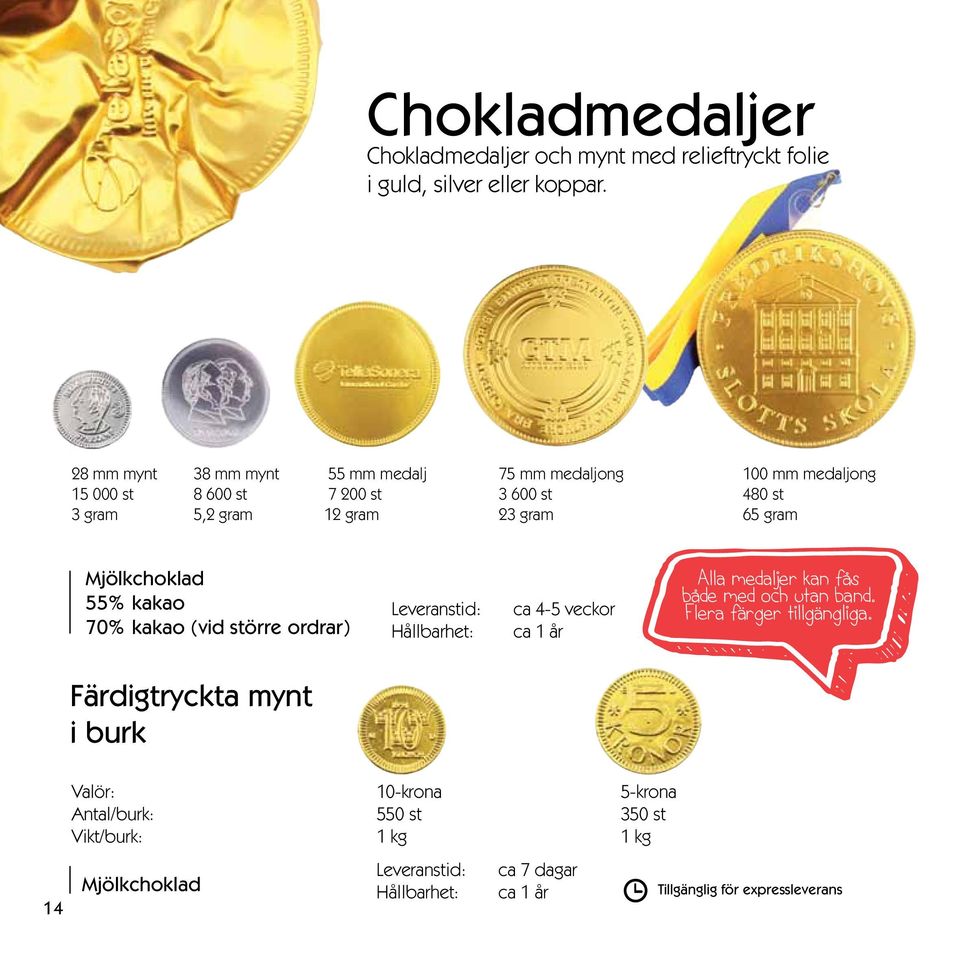 gram 65 gram Mjölkchoklad 55% kakao 70% kakao (vid större ordrar) ca 4-5 veckor ca 1 år Alla medaljer kan fås både med och utan band.