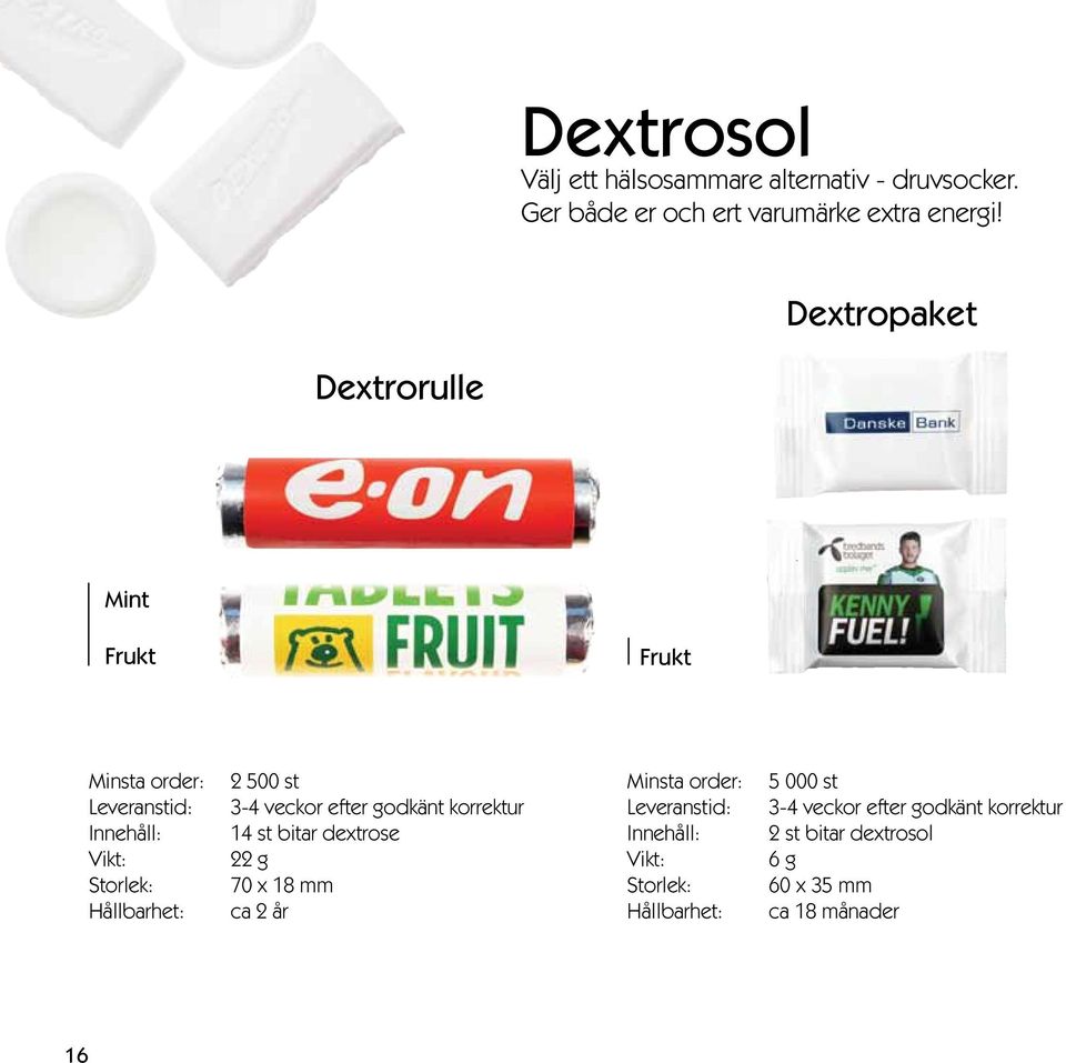 Dextropaket Dextrorulle Mint Frukt Frukt Innehåll: 2 500 st 3-4 veckor efter godkänt