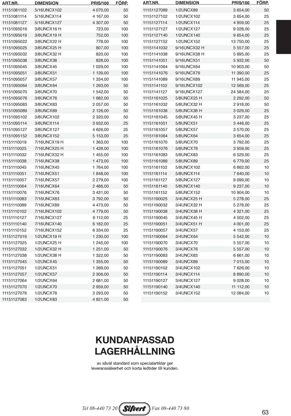 1/2UNCX152 13 750,00 25 11151095025 3/8UNCX25 H 807,00 100 11151141032 9/16UNCX32 H 5 557,00 25 11151095032 3/8UNCX32 H 820,00 100 11151141038 9/16UNCX38 H 5 695,00 25 11151095038 3/8UNCX38 828,00