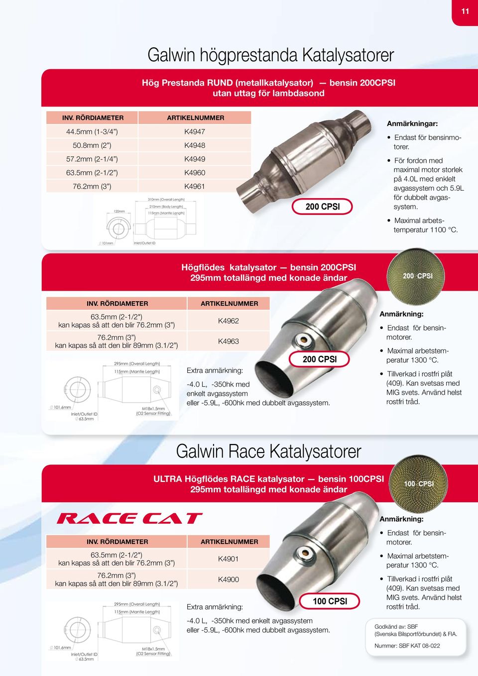 Maximal arbetstemperatur 1100 C. Högflödes katalysator bensin 200CPSI 295mm totallängd med konade ändar 200 CPSI 63.5mm (2-1/2") kan kapas så att den blir 76.2mm (3 ) 76.