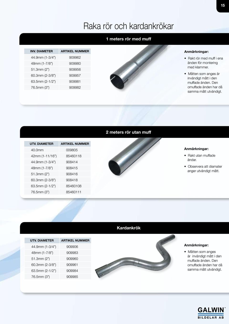 2 meters rör utan muff UTV. DIAMETER 40.0mm 009805 42mm (1-11/16 ) 85460118 44.9mm (1-3/4 ) 908414 48mm (1-7/8 ) 908415 51.3mm (2 ) 908416 60.3mm (2-3/8 ) 908418 63.5mm (2-1/2 ) 85460108 76.