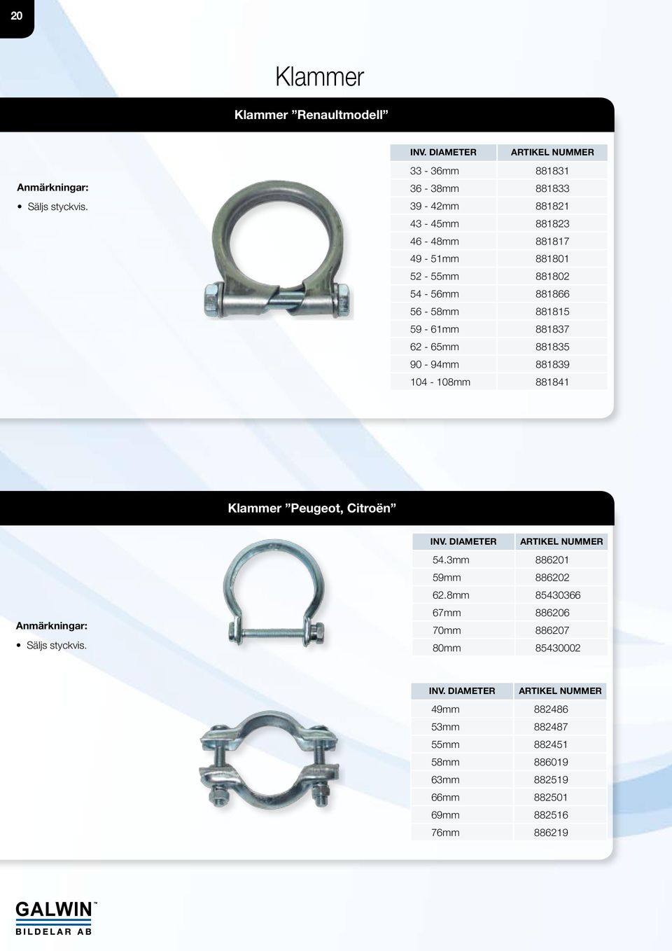 881866 56-58mm 881815 59-61mm 881837 62-65mm 881835 90-94mm 881839 104-108mm 881841 Klammer Peugeot, Citroën Säljs styckvis.