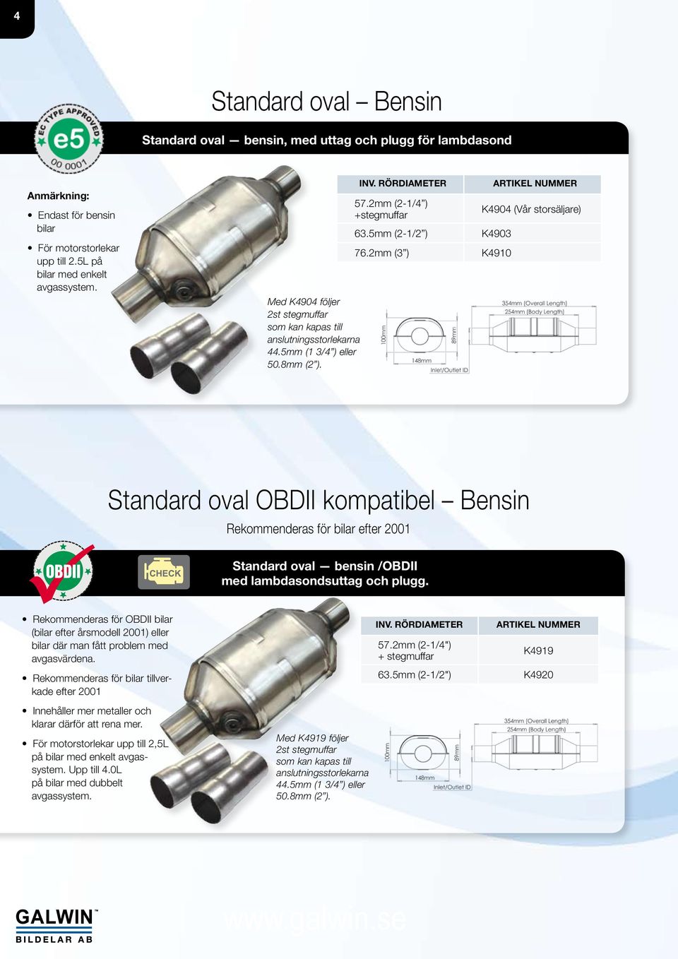 2mm (3 ) K4904 (Vår storsäljare) K4903 K4910 Standard oval OBDII kompatibel Bensin Rekommenderas för bilar efter 2001 Standard oval bensin /OBDII med lambdasondsuttag och plugg.