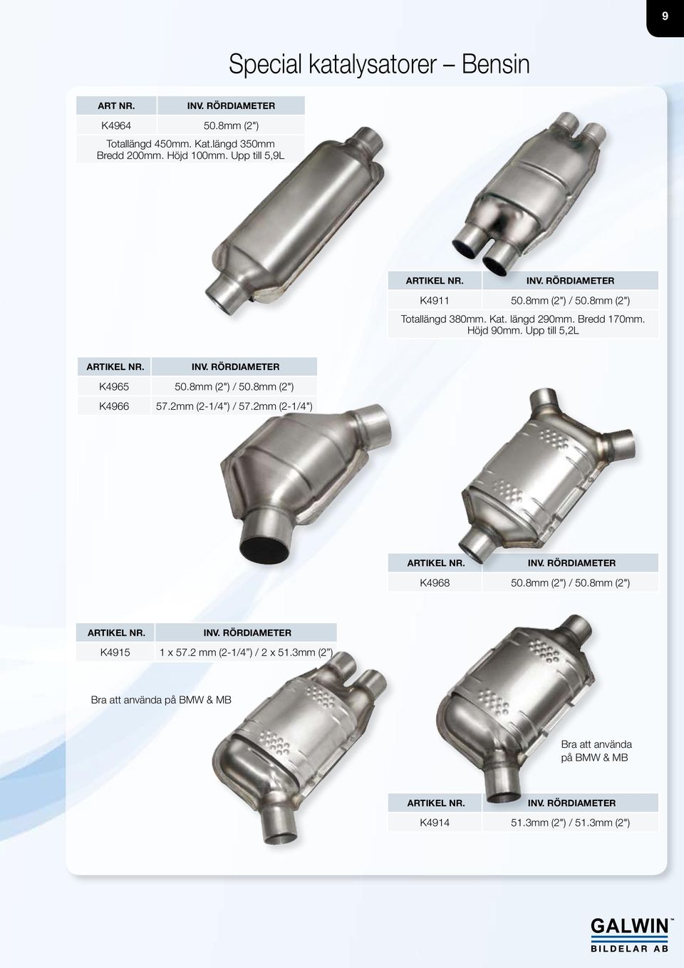 Upp till 5,2L ARTIKEL NR. K4965 50.8mm (2") / 50.8mm (2") K4966 57.2mm (2-1/4") / 57.2mm (2-1/4") ARTIKEL NR. K4968 50.8mm (2") / 50.8mm (2") ARTIKEL NR.