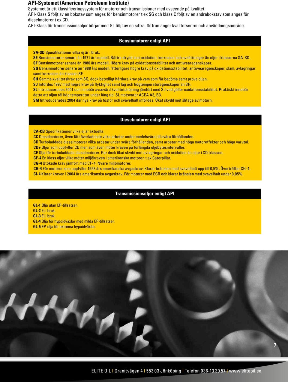 API-Klass för transmissionsoljor börjar med GL följt av en siffra. Siffran anger kvalitetsnorm och användningsområde. Bensinmotorer enligt API SA-SD Specifikationer vilka ej är i bruk.