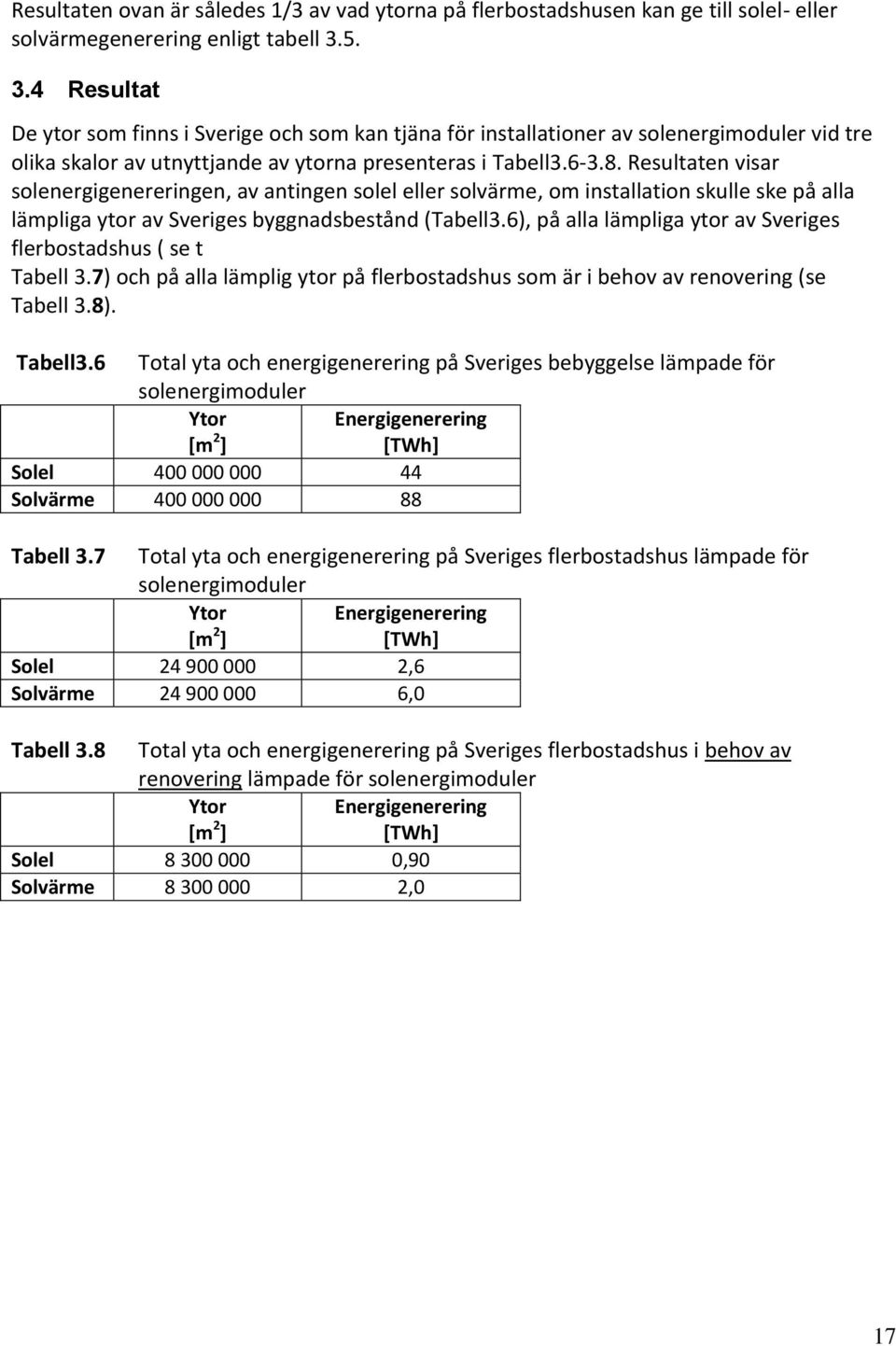 Resultaten visar solenergigenereringen, av antingen solel eller solvärme, om installation skulle ske på alla lämpliga ytor av Sveriges byggnadsbestånd (Tabell3.