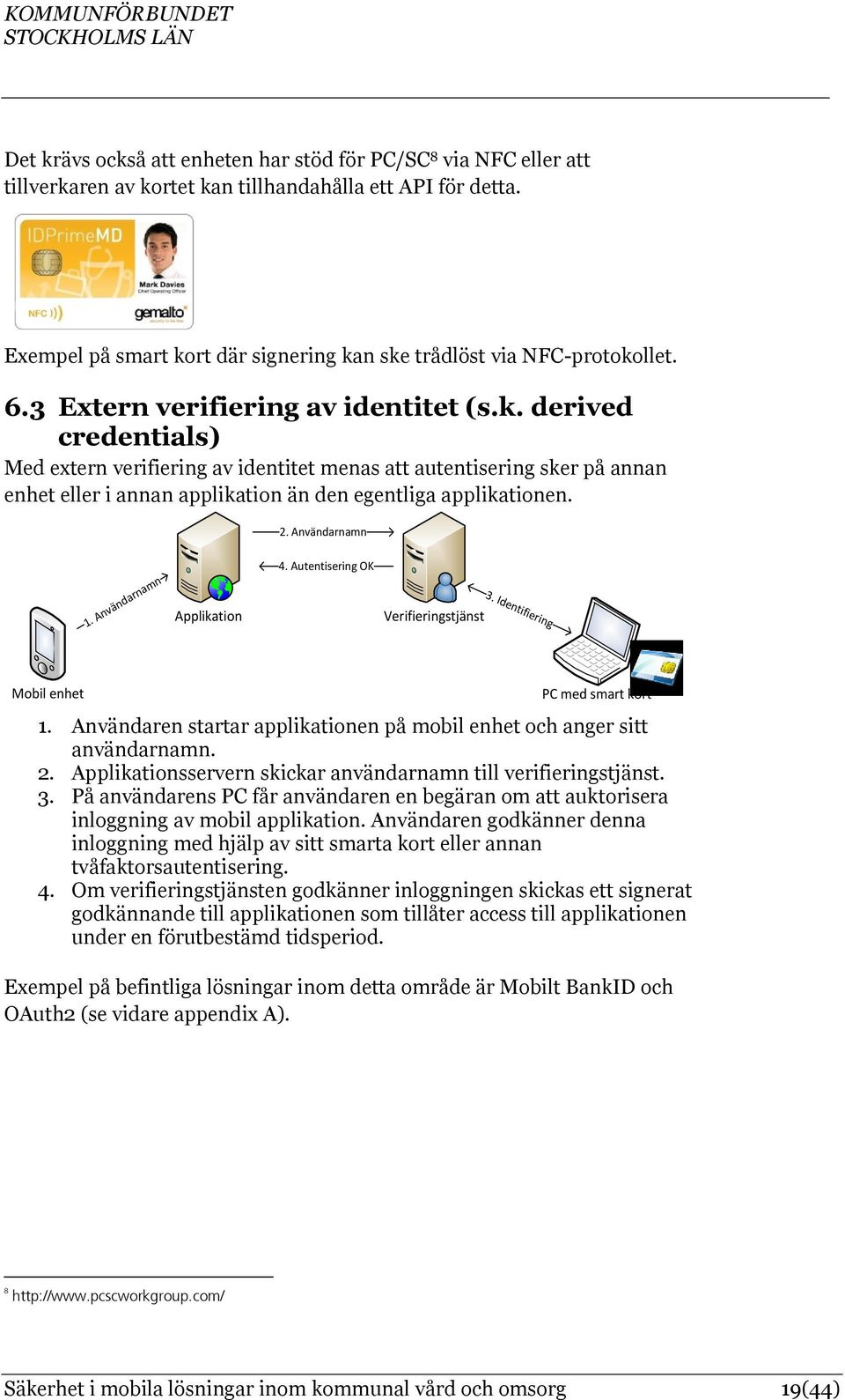 2. Användarnamn 1. Användarnamn Applikation 4. Autentisering OK Verifieringstjänst 3. Identifiering Mobil enhet PC med smart kort 1.
