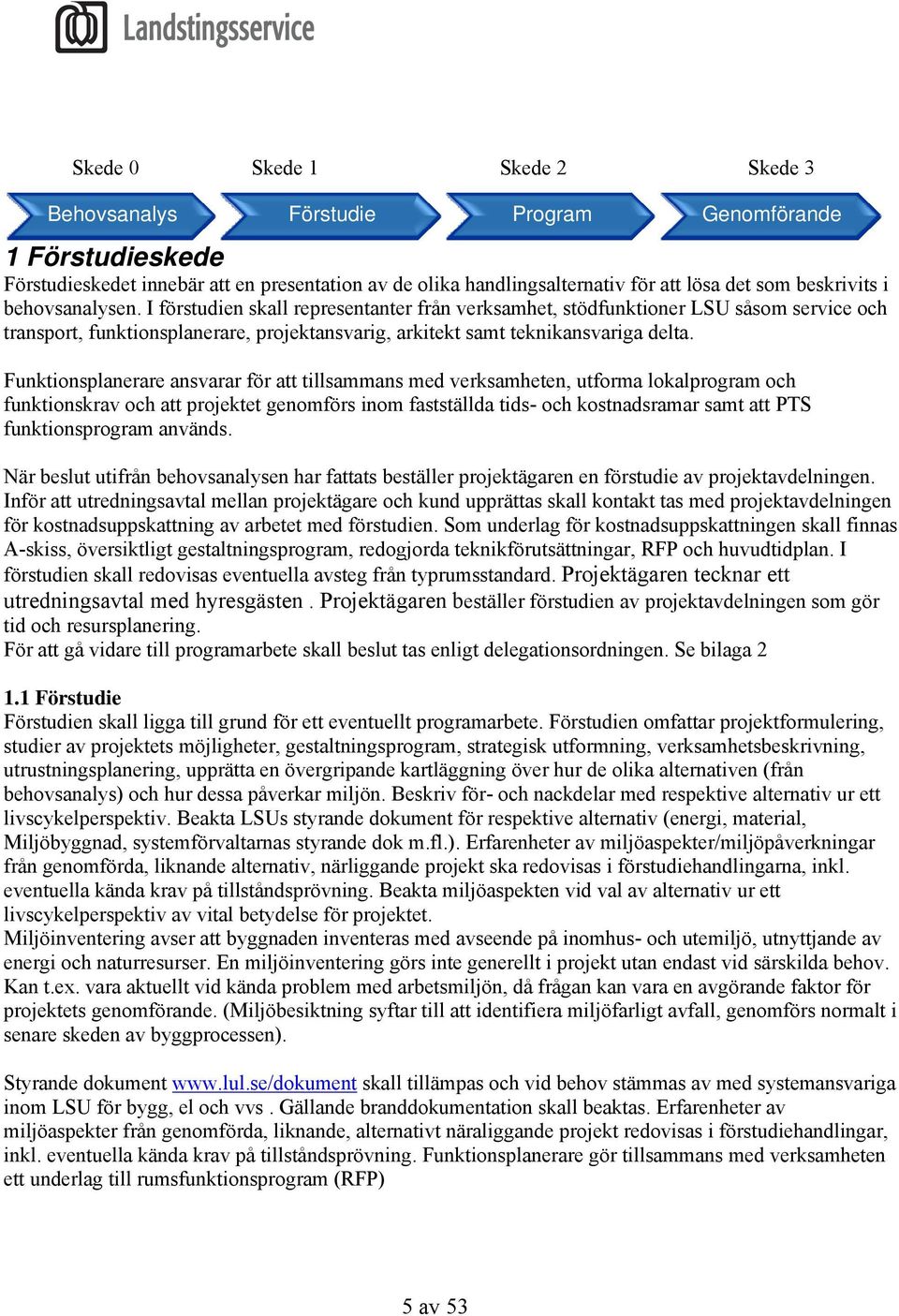 I förstudien skall representanter från verksamhet, stödfunktioner LSU såsom service och transport, funktionsplanerare, projektansvarig, arkitekt samt teknikansvariga delta.