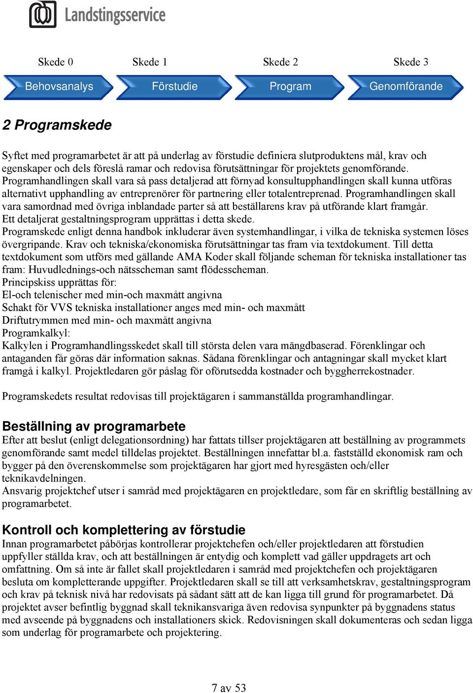 Programhandlingen skall vara så pass detaljerad att förnyad konsultupphandlingen skall kunna utföras alternativt upphandling av entreprenörer för partnering eller totalentreprenad.