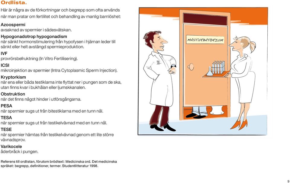 ICSI mikroinjektion av spermier (Intra Cytoplasmic Sperm Injection). Kryptorkism när ena eller båda testiklarna inte flyttat ner i pungen som de ska, utan finns kvar i bukhålan eller ljumskkanalen.