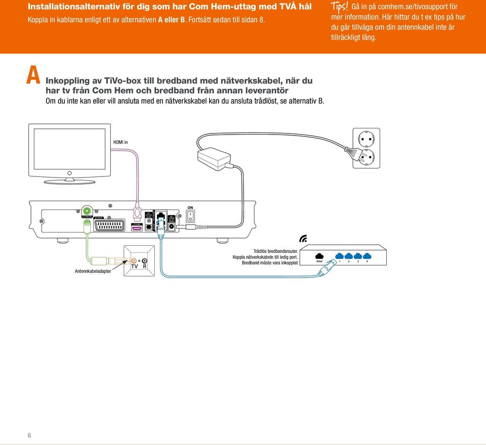 A Inkoppling av TiVo-box till bredband med nätverkskabel, när du har tv från Com Hem och bredband från annan leverantör Om du inte kan eller vill ansluta med en nätverkskabel kan du