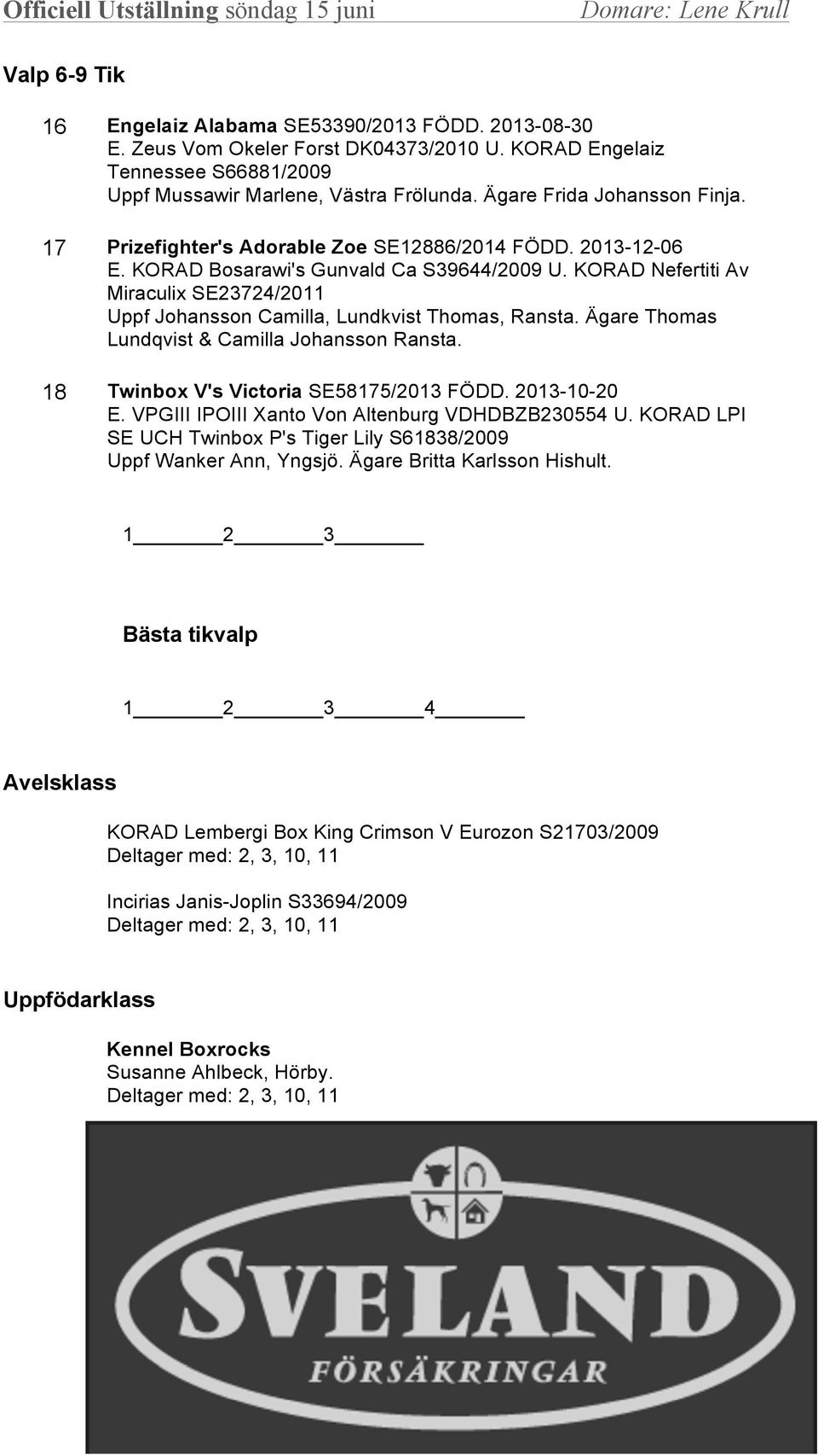 KORAD Nefertiti Av Miraculix SE23724/2011 Uppf Johansson Camilla, Lundkvist Thomas, Ransta. Ägare Thomas Lundqvist & Camilla Johansson Ransta. 18 Twinbox V's Victoria SE58175/2013 FÖDD. 2013-10-20 E.