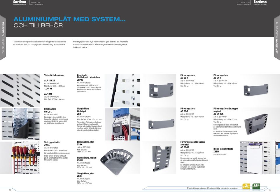 Med hjälp av det nya hålmönstret går det lätt att montera massor med tillbehör, från slanghållare till förvaringsfack i olika storlekar. TILLBEHÖR TILL GLOBELYST Täckplåt i aluminium ALP 1X1.25 Art.